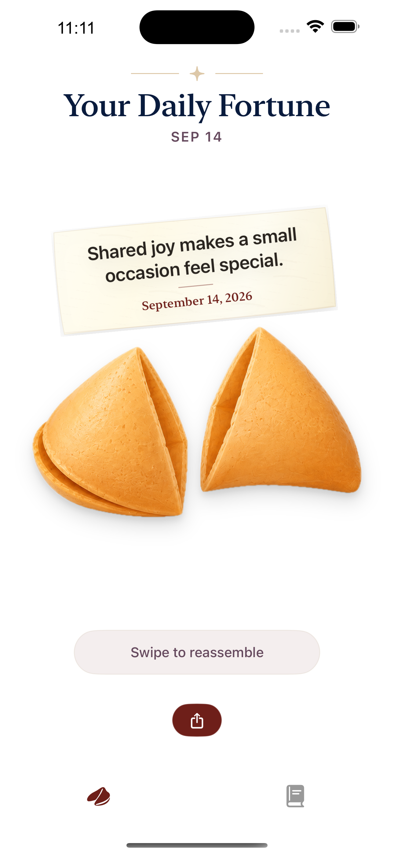 Fortune's native Daily screen after the cookie opens and reveals the day's fortune